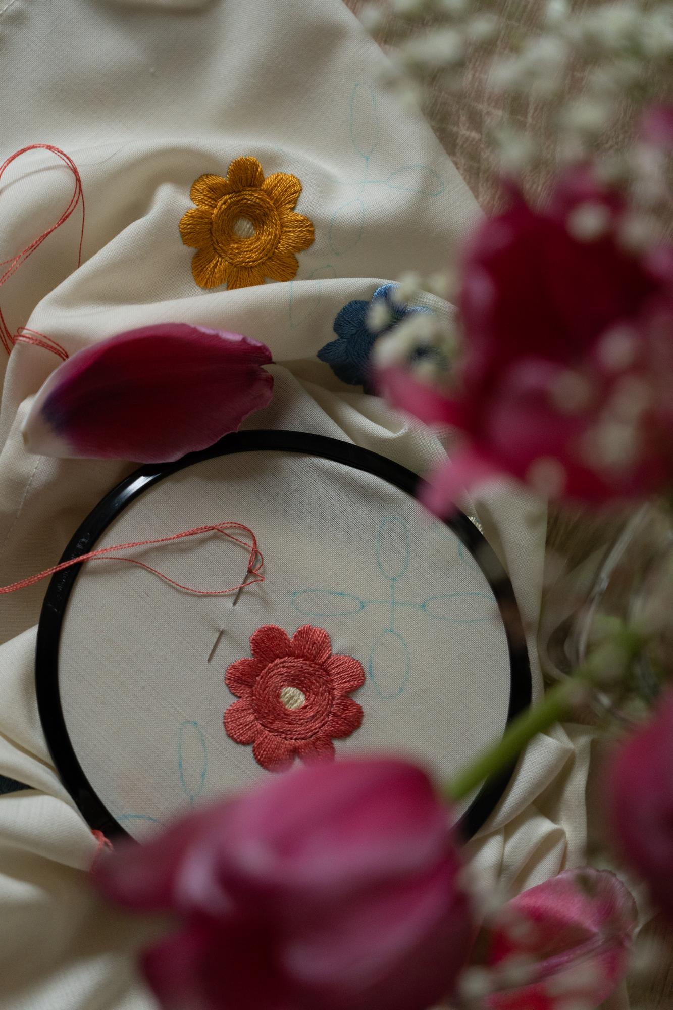 laboratory workspace with embroidery hoop and threads