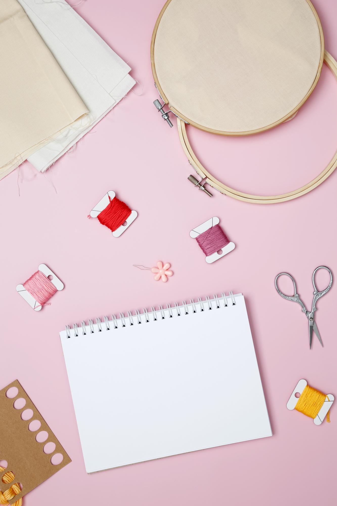 flatlay of embroidery kit and pattern sheets